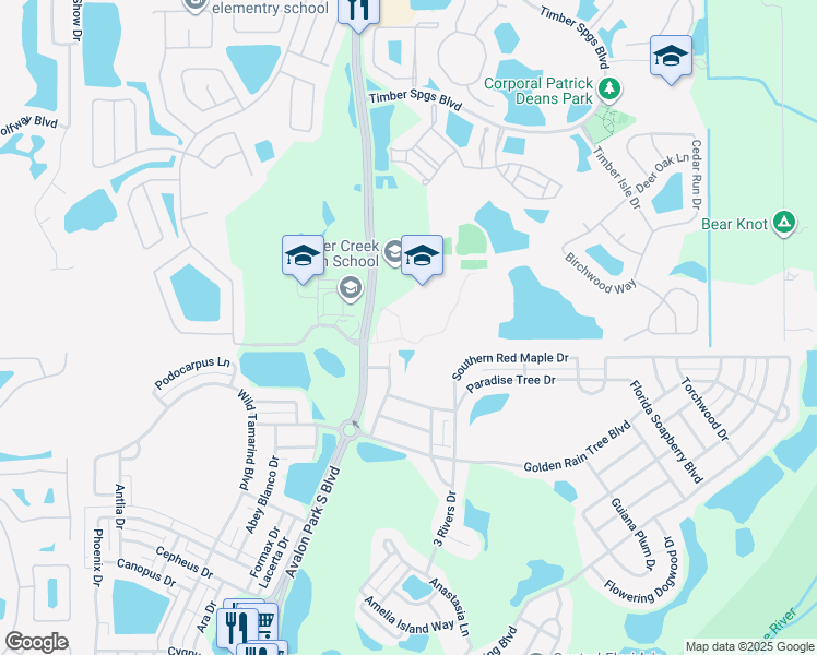 map of restaurants, bars, coffee shops, grocery stores, and more near 1001 Avalon Park South Boulevard in Orlando