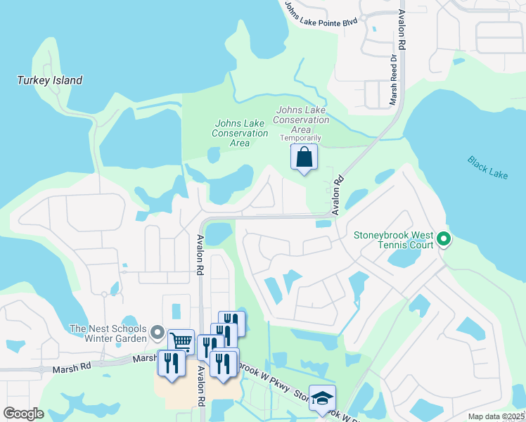 map of restaurants, bars, coffee shops, grocery stores, and more near 15226 Sunrise Grove Court in Winter Garden