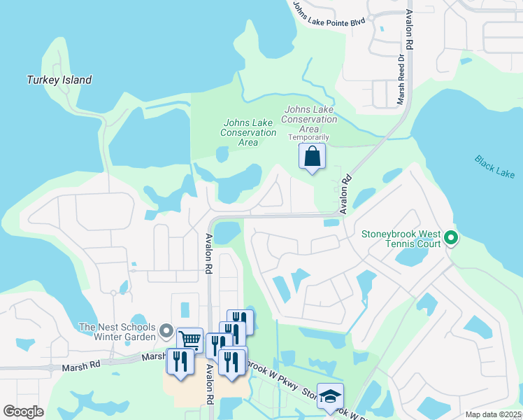 map of restaurants, bars, coffee shops, grocery stores, and more near 15226 Sunrise Grove Court in Winter Garden