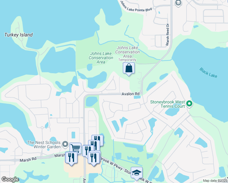 map of restaurants, bars, coffee shops, grocery stores, and more near 15226 Sunrise Grove Court in Winter Garden