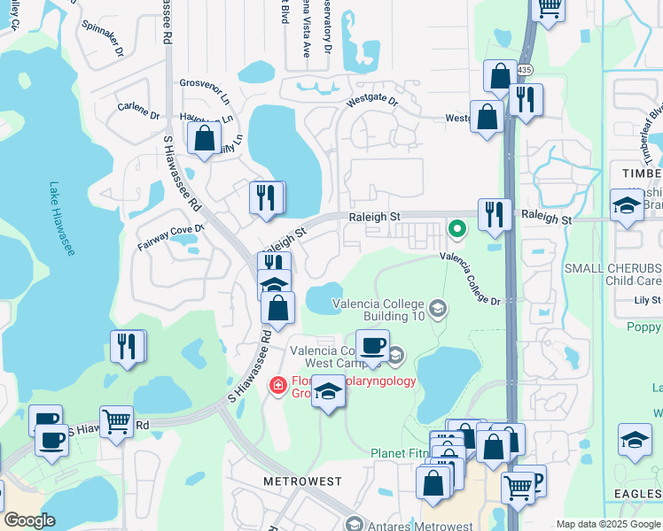 map of restaurants, bars, coffee shops, grocery stores, and more near 6400 Raleigh Street in Orlando