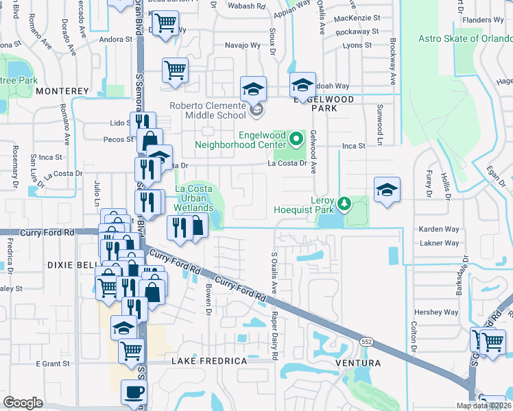map of restaurants, bars, coffee shops, grocery stores, and more near 1486 Hendren Drive in Orlando