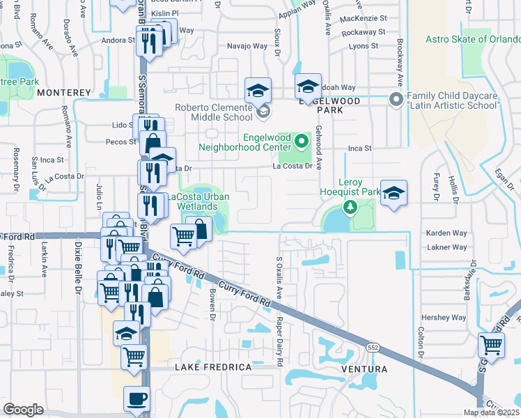 map of restaurants, bars, coffee shops, grocery stores, and more near 1486 Hendren Drive in Orlando