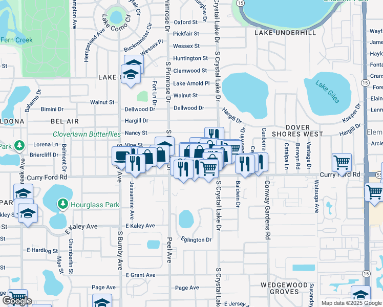 map of restaurants, bars, coffee shops, grocery stores, and more near 1500 Morristown Avenue in Orlando