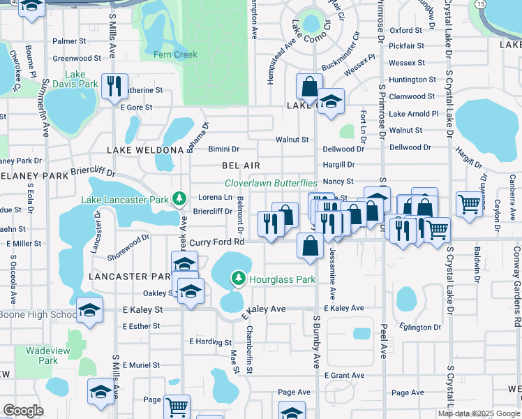 map of restaurants, bars, coffee shops, grocery stores, and more near 1401 Groveland Avenue in Orlando