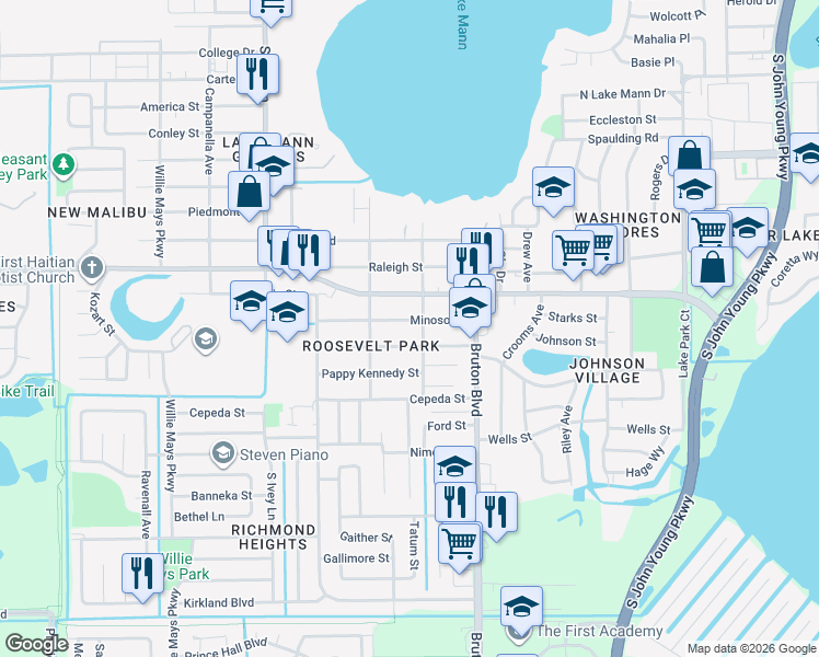 map of restaurants, bars, coffee shops, grocery stores, and more near 4141 Booker Street in Orlando