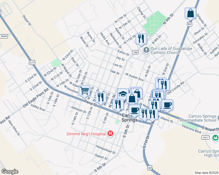 map of restaurants, bars, coffee shops, grocery stores, and more near 500 North 11th Street in Carrizo Springs