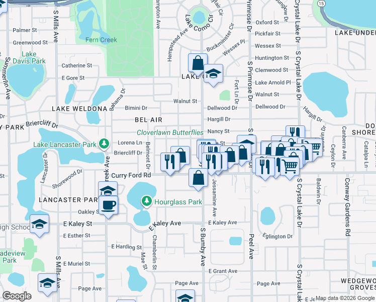map of restaurants, bars, coffee shops, grocery stores, and more near 1322 Francis Avenue in Orlando