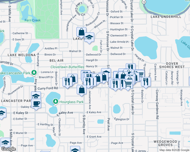 map of restaurants, bars, coffee shops, grocery stores, and more near 1411 Clark Street in Orlando