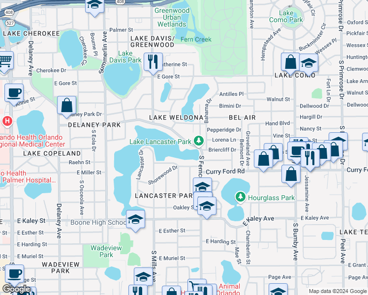 map of restaurants, bars, coffee shops, grocery stores, and more near 1520 Briercliff Drive in Orlando