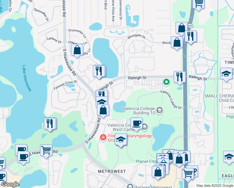 map of restaurants, bars, coffee shops, grocery stores, and more near 6388 Raleigh Street in Orlando