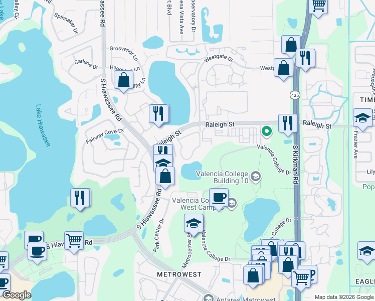 map of restaurants, bars, coffee shops, grocery stores, and more near 6388 Raleigh Street in Orlando