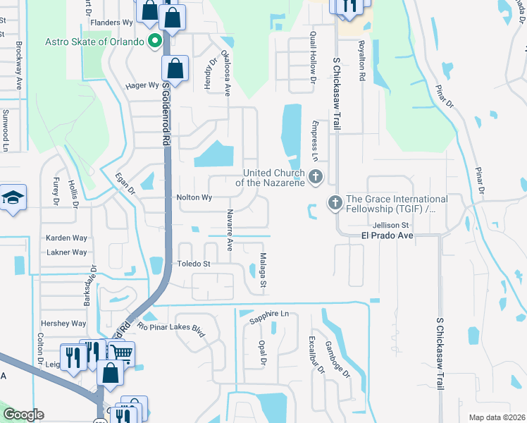 map of restaurants, bars, coffee shops, grocery stores, and more near 7732 Pax Court in Orlando