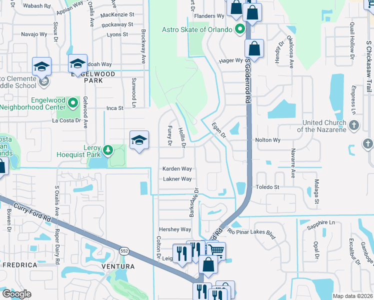 map of restaurants, bars, coffee shops, grocery stores, and more near 1815 Hollis Drive in Orlando