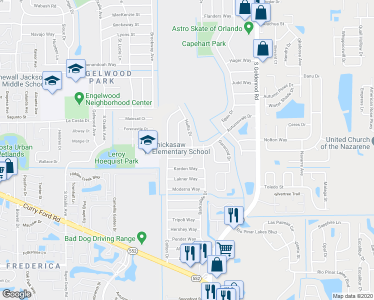 map of restaurants, bars, coffee shops, grocery stores, and more near 1815 Hollis Drive in Orlando