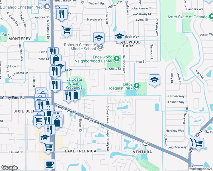 map of restaurants, bars, coffee shops, grocery stores, and more near 1486 Hendren Drive in Orlando