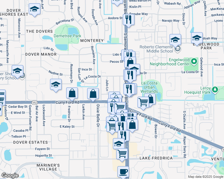 map of restaurants, bars, coffee shops, grocery stores, and more near 5601 Sanibel Street in Orlando