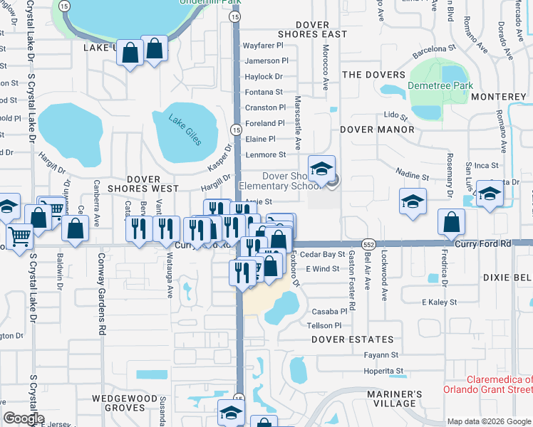 map of restaurants, bars, coffee shops, grocery stores, and more near 1401 Montclair Court in Orlando