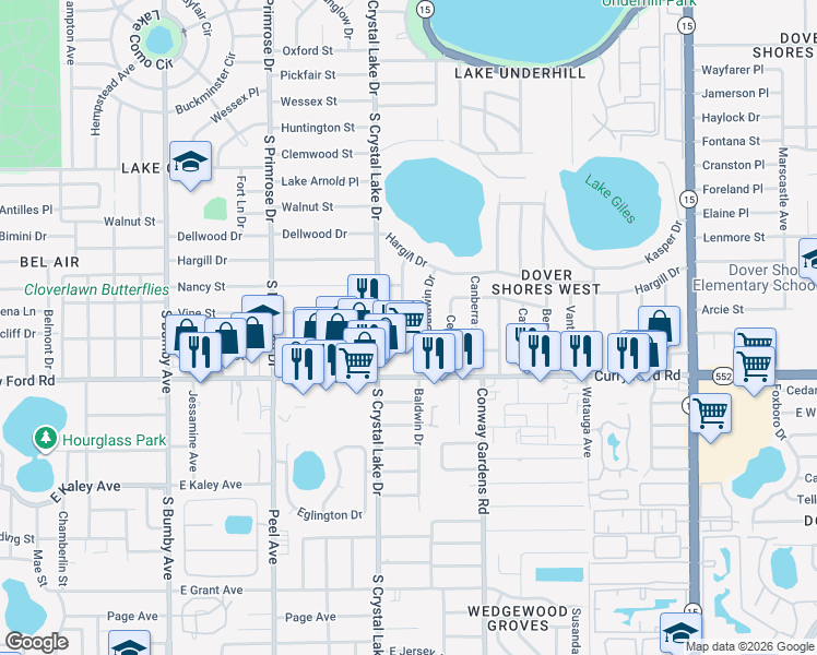 map of restaurants, bars, coffee shops, grocery stores, and more near 1325 Newcastle Drive in Orlando