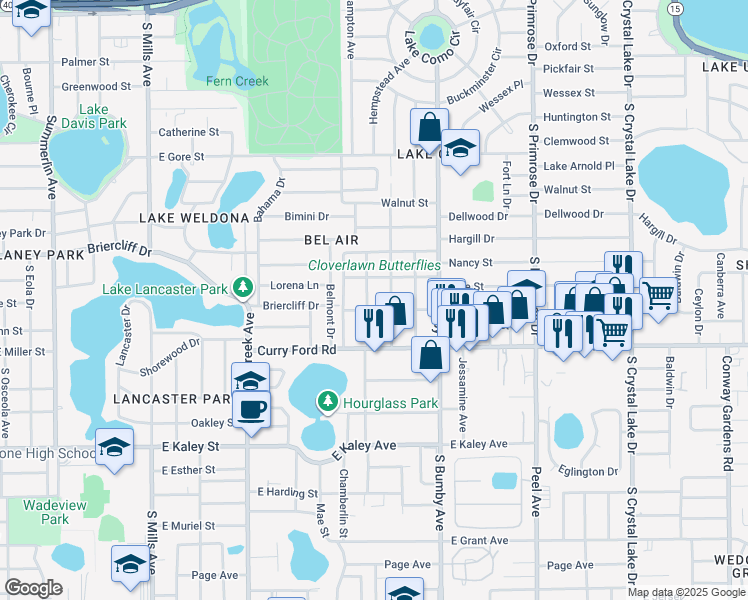 map of restaurants, bars, coffee shops, grocery stores, and more near 1404 Warwick Place in Orlando