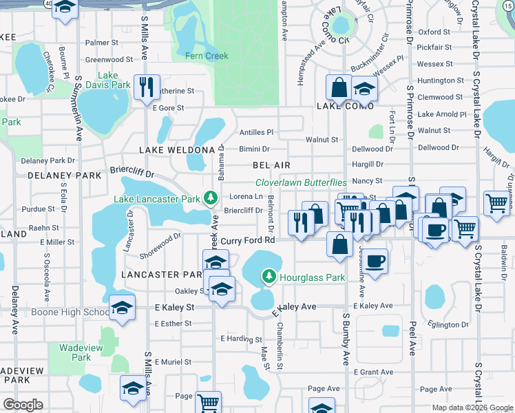 map of restaurants, bars, coffee shops, grocery stores, and more near 1405 Hazelwood Drive in Orlando