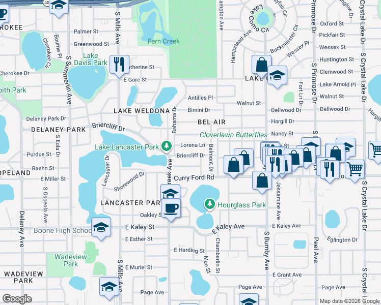 map of restaurants, bars, coffee shops, grocery stores, and more near 1700 Briercliff Drive in Orlando