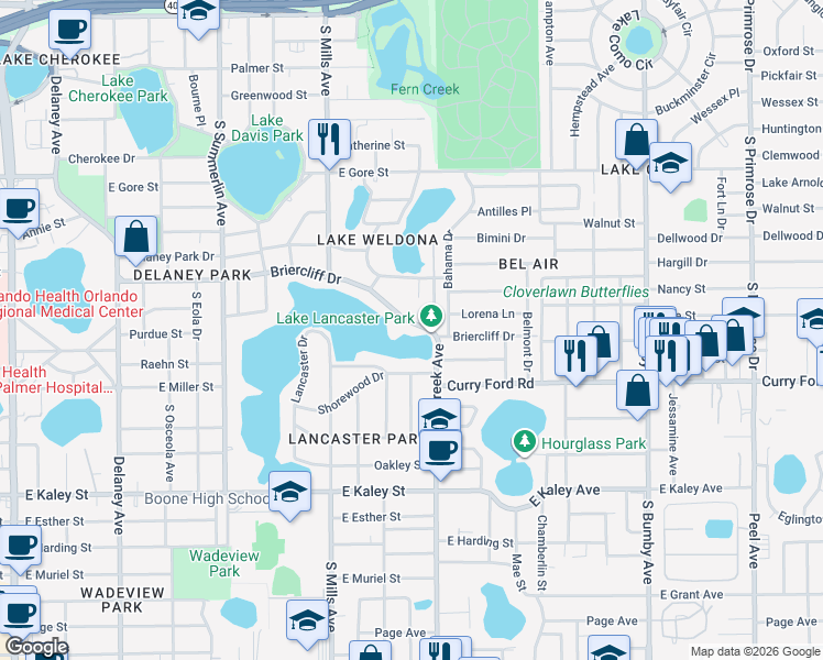 map of restaurants, bars, coffee shops, grocery stores, and more near 1520 Briercliff Drive in Orlando