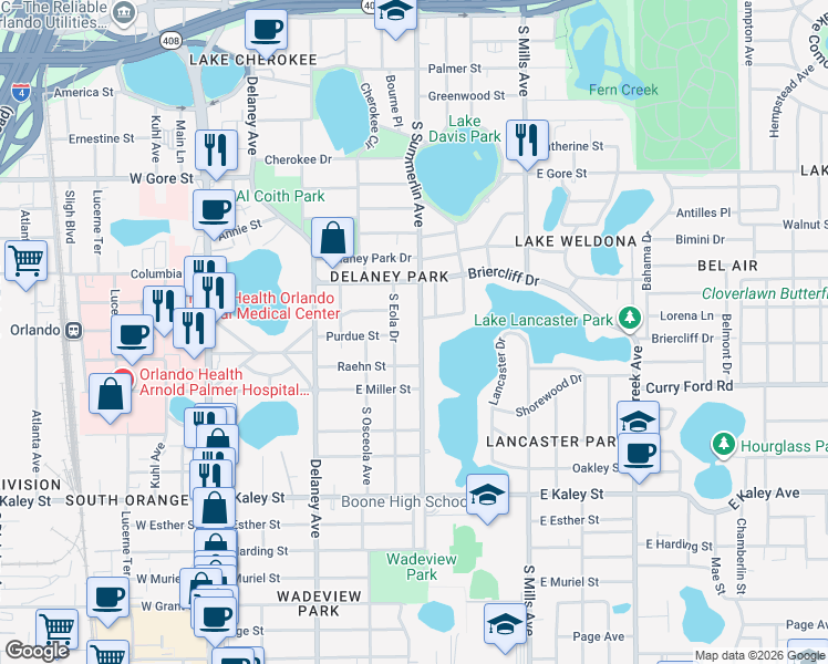 map of restaurants, bars, coffee shops, grocery stores, and more near in Orlando