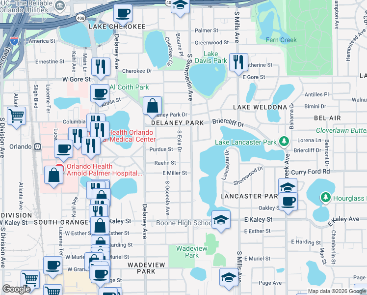 map of restaurants, bars, coffee shops, grocery stores, and more near in Orlando