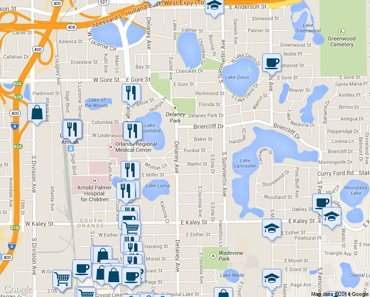 map of restaurants, bars, coffee shops, grocery stores, and more near 1415 Delaney Avenue in Orlando