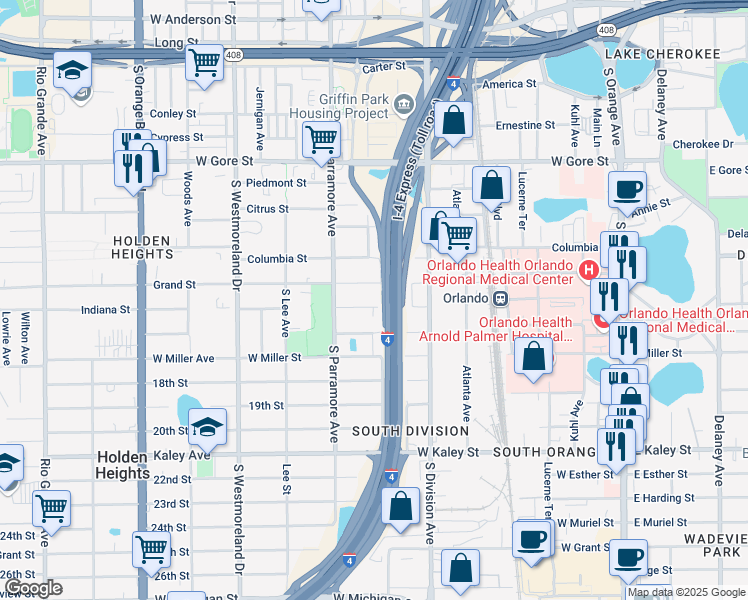 map of restaurants, bars, coffee shops, grocery stores, and more near 604 Indiana Street in Orlando