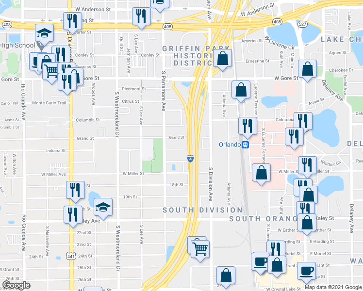 map of restaurants, bars, coffee shops, grocery stores, and more near 604 Indiana Street in Orlando