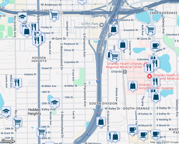 map of restaurants, bars, coffee shops, grocery stores, and more near 638 Indiana Street in Orlando