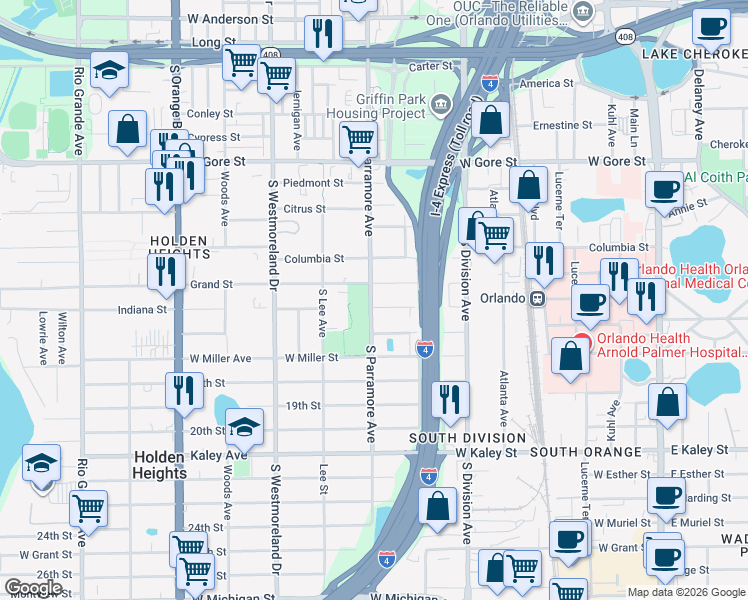 map of restaurants, bars, coffee shops, grocery stores, and more near 638 Indiana Street in Orlando