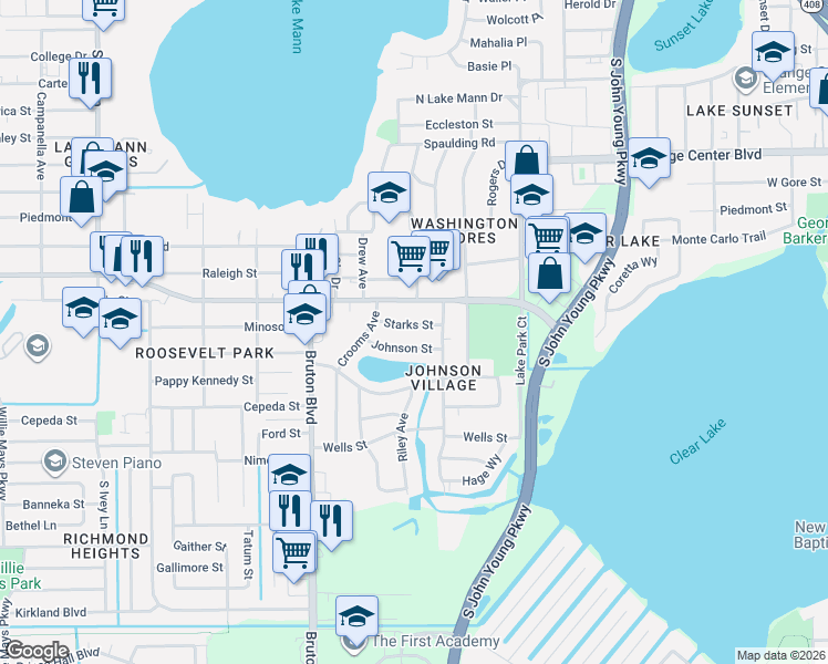 map of restaurants, bars, coffee shops, grocery stores, and more near 3611 Johnson Street in Orlando