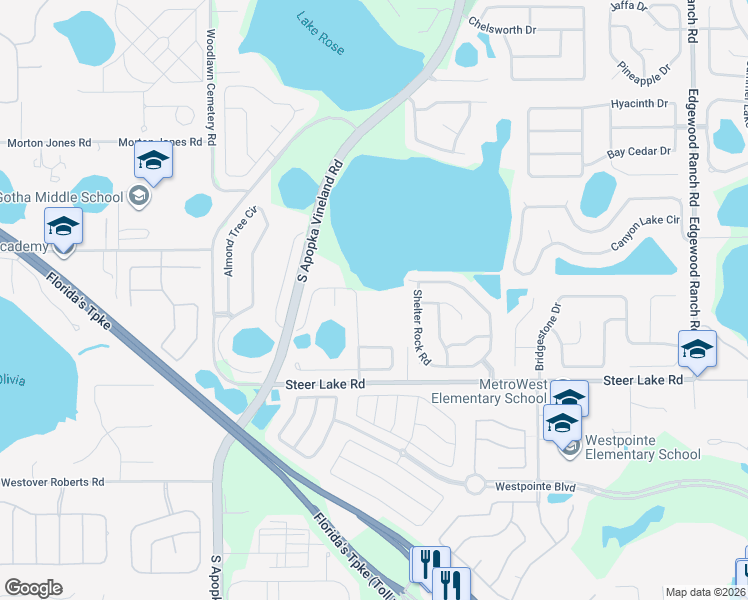 map of restaurants, bars, coffee shops, grocery stores, and more near 1161 Palm Cove Drive in Orlando