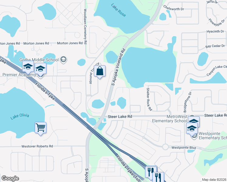 map of restaurants, bars, coffee shops, grocery stores, and more near 927 Palm Cove Drive in Orlando