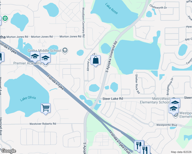 map of restaurants, bars, coffee shops, grocery stores, and more near 1125 Almond Tree Circle in Orlando