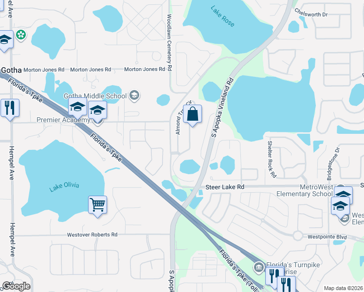 map of restaurants, bars, coffee shops, grocery stores, and more near 901 Almond Tree Circle in Orlando