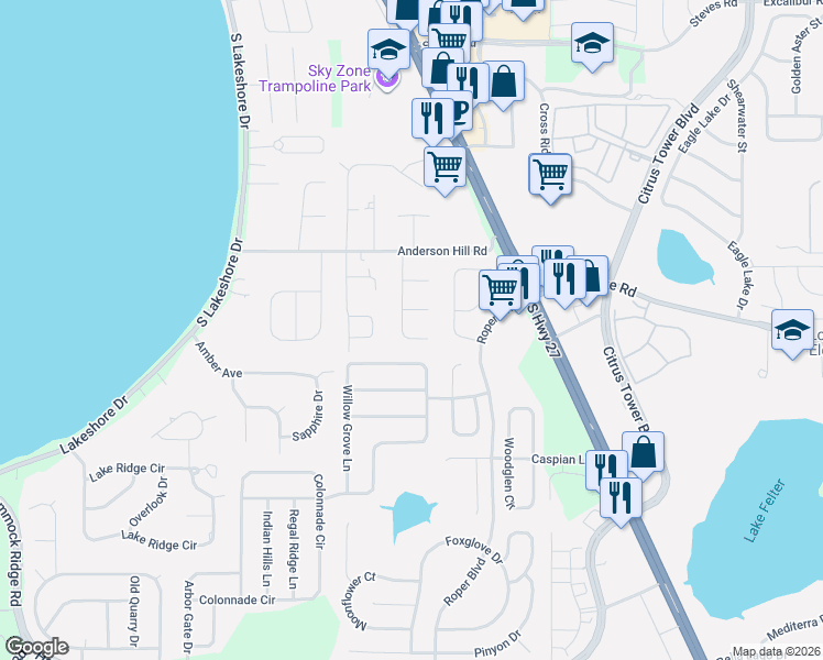 map of restaurants, bars, coffee shops, grocery stores, and more near 12231 Warren Road in Clermont