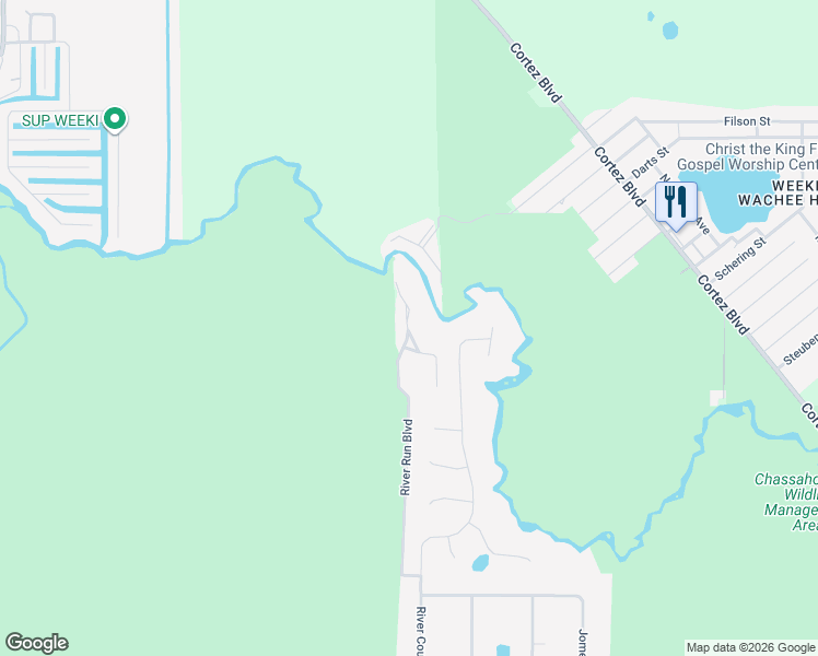 map of restaurants, bars, coffee shops, grocery stores, and more near 6573 River Run Boulevard in Weeki Wachee