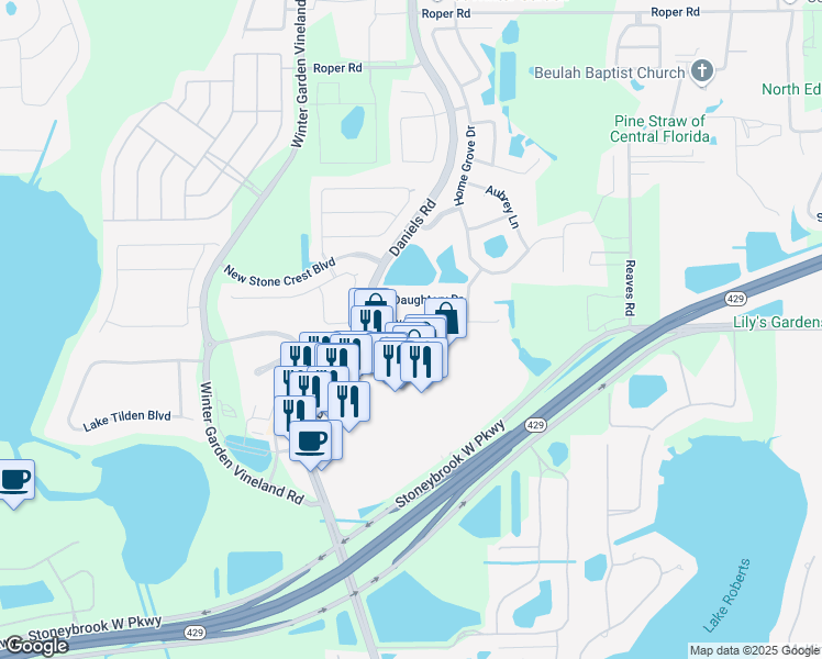 map of restaurants, bars, coffee shops, grocery stores, and more near 12916 Grovehurst Avenue in Winter Garden