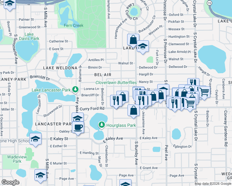 map of restaurants, bars, coffee shops, grocery stores, and more near 1404 Warwick Place in Orlando