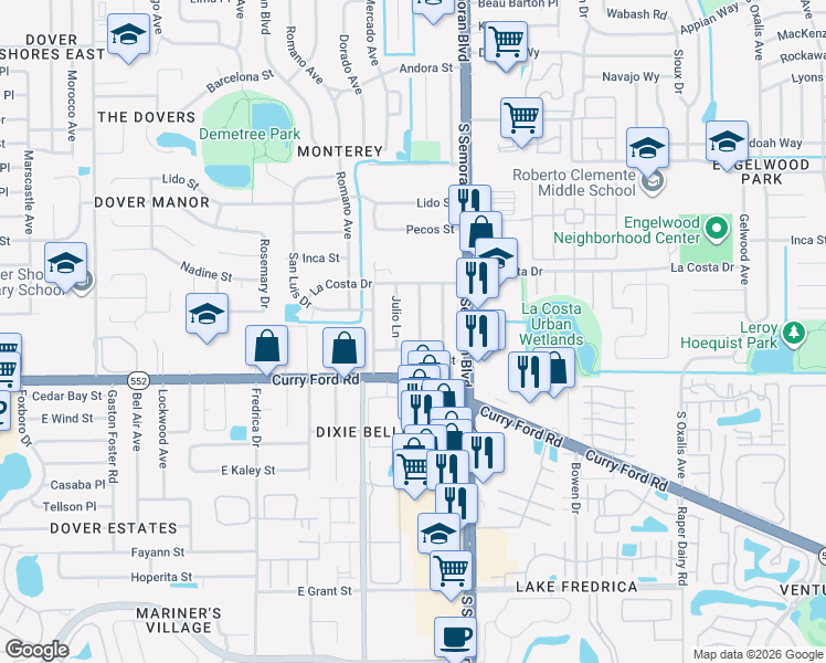 map of restaurants, bars, coffee shops, grocery stores, and more near 5601 Sanibel Street in Orlando