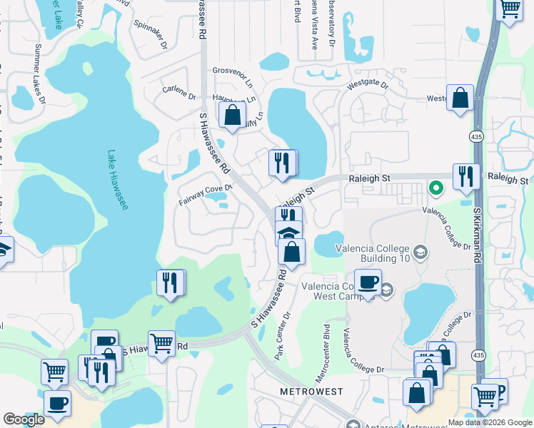 map of restaurants, bars, coffee shops, grocery stores, and more near South Hiawassee Road in Orlando