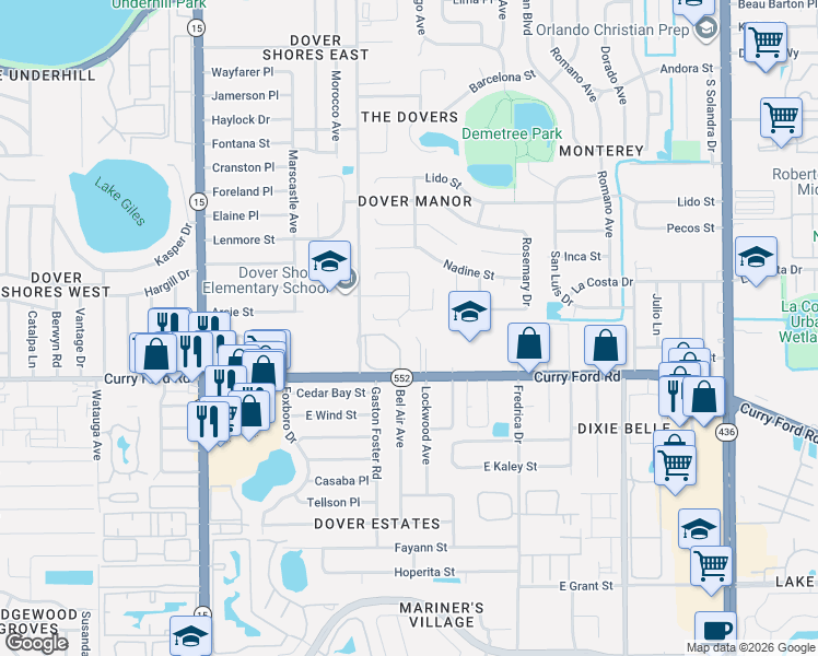 map of restaurants, bars, coffee shops, grocery stores, and more near 5101 Curry Ford Road in Orlando