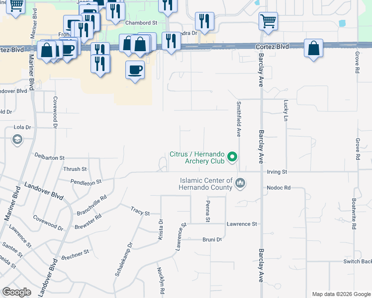 map of restaurants, bars, coffee shops, grocery stores, and more near 6420 Zagnut Lane in Brooksville