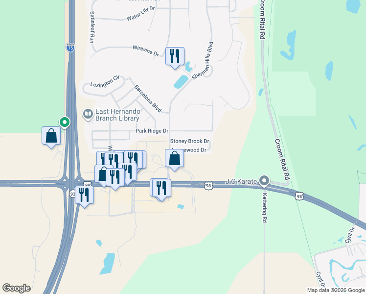 map of restaurants, bars, coffee shops, grocery stores, and more near 31205 Lancewood Drive in Brooksville