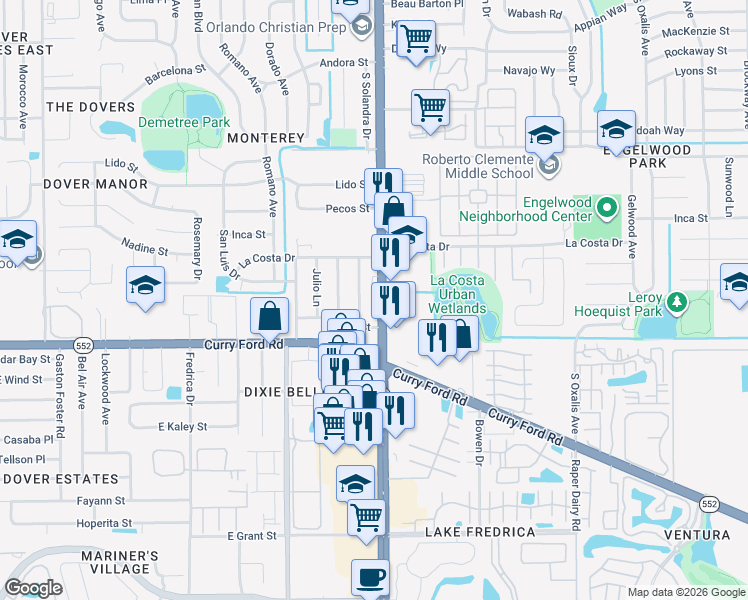 map of restaurants, bars, coffee shops, grocery stores, and more near in Orlando