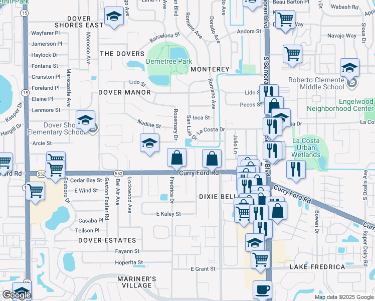 map of restaurants, bars, coffee shops, grocery stores, and more near 5317 Curry Ford Road in Orlando